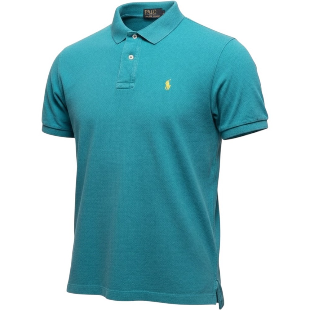Vintage Polo Ralph Lauren Short Sleeve Pique Shirt Turquoise Blue Yellow Pony